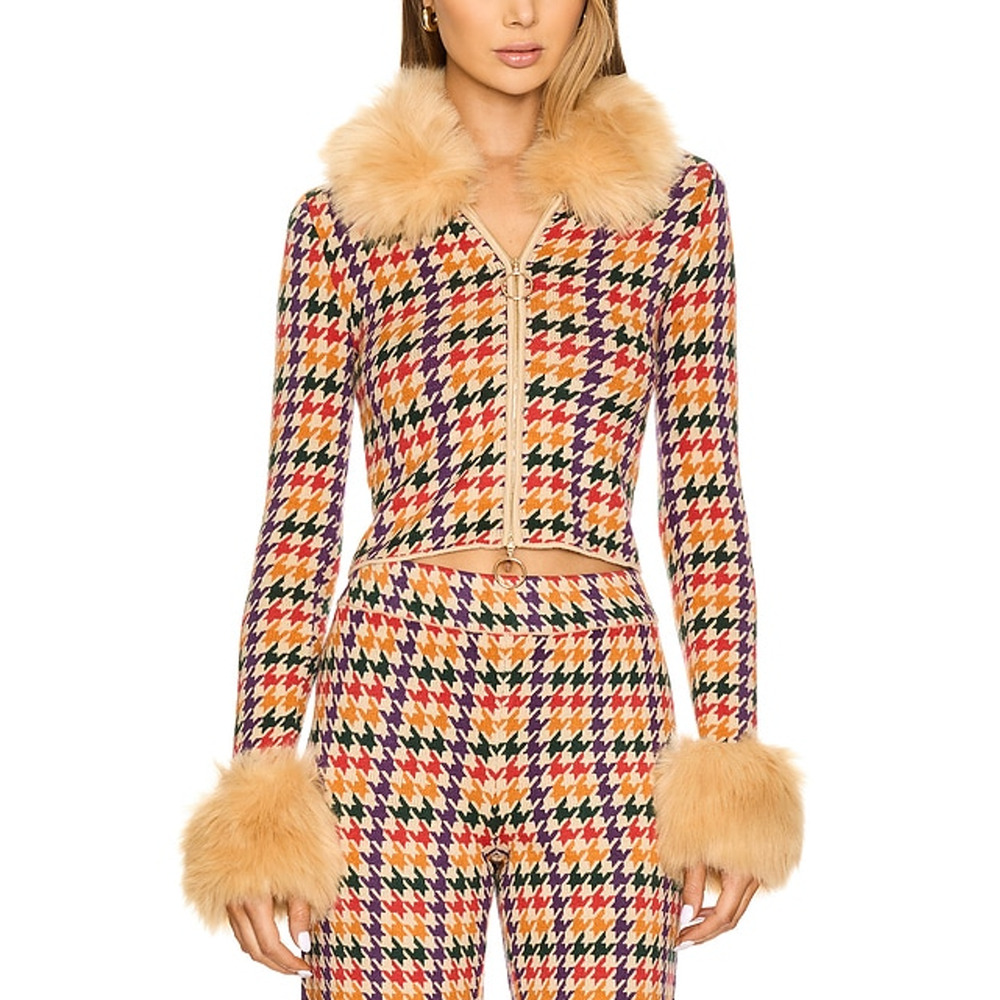 Show Me Your MuMu Multicolor Houndstooth Zip Cardigan with Faux Fur Trim